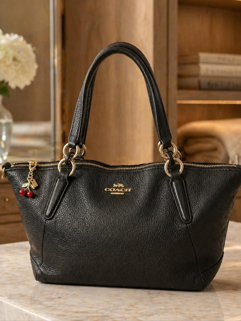 Coach Black Pebbled Leather Tote with Gold Hardware And Coach Cherry Zipper Pull
